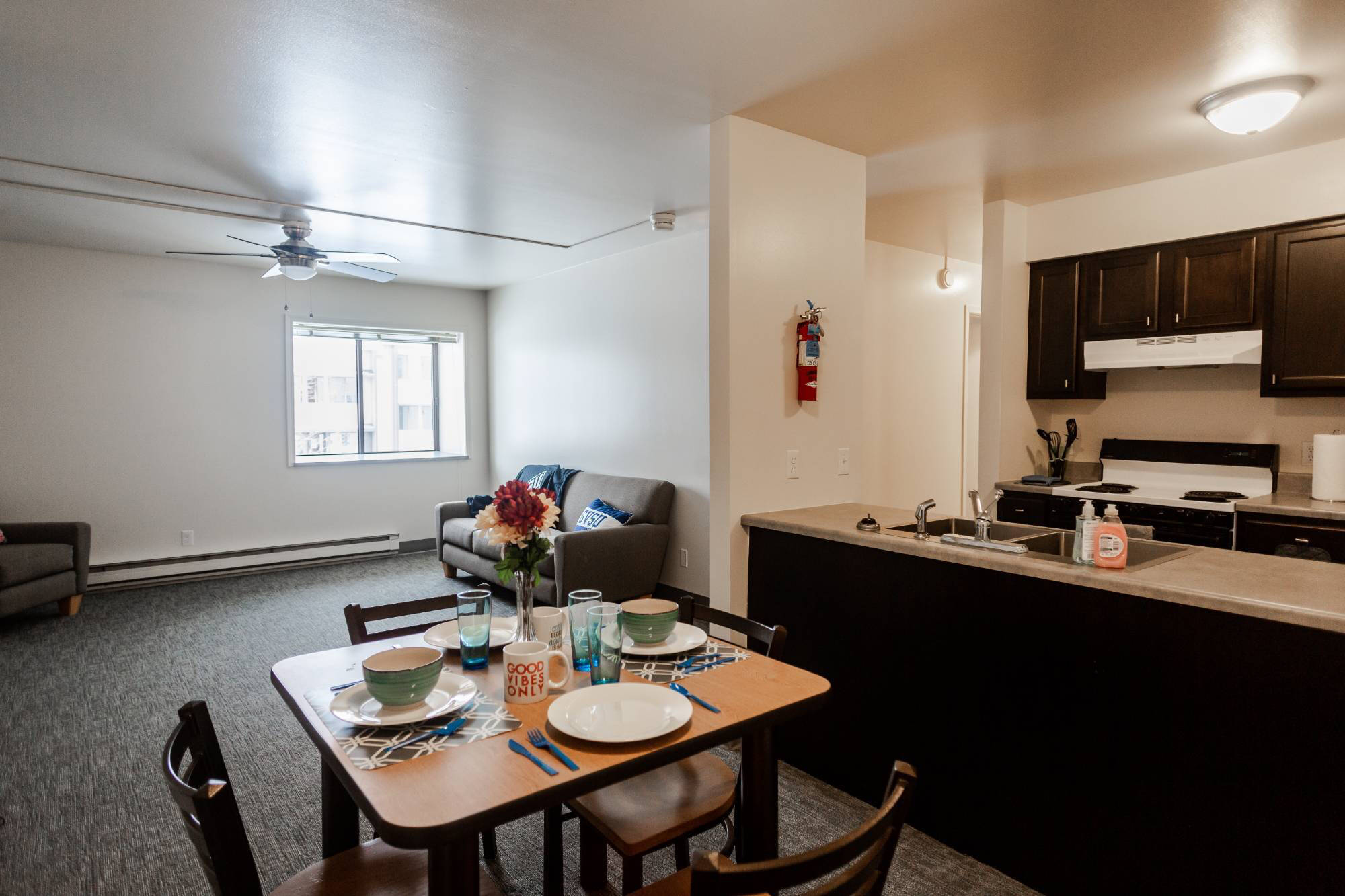 The Grand Valley Apartments unit living room and kitchen creates a cozy atmosphere.
